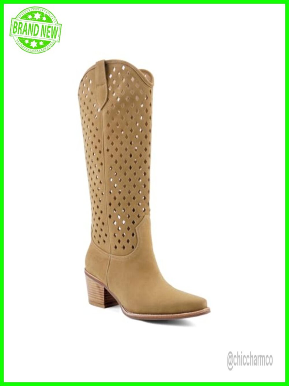 Knee High Cowboy Boots Cutouts Chunky Stacked Heel Pointed Toe Faux Suede